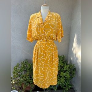 Vintage 80s preppy silk dress yellow white print Sz 11/12 by Simac